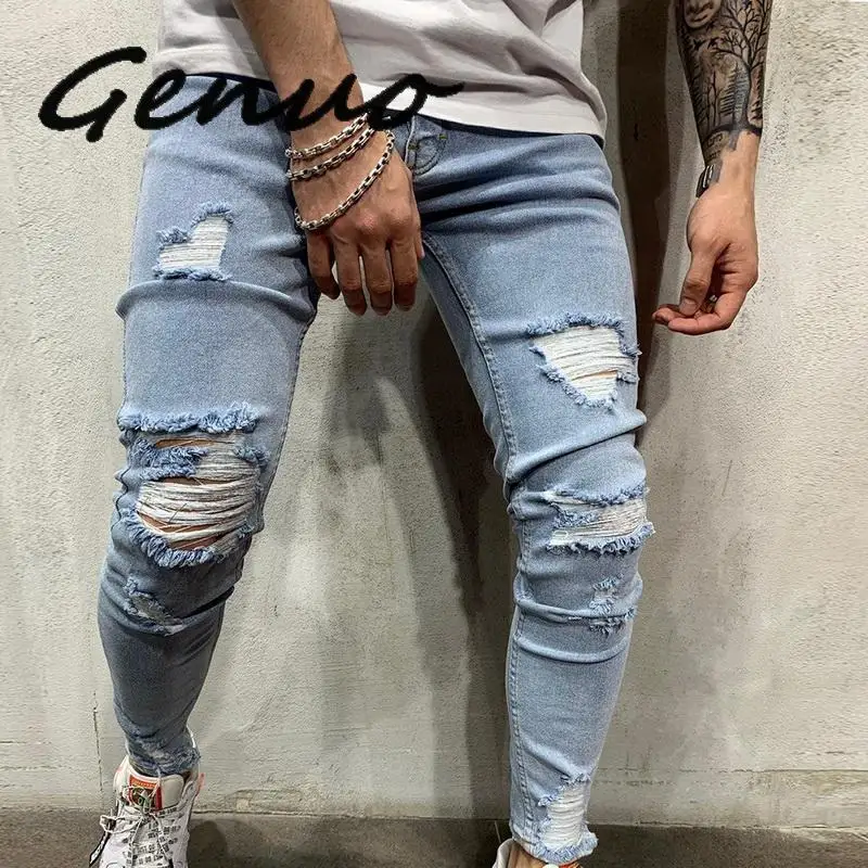 Джинсы мужские винтажные рваные из хлопка с дырками 2019 3XL для лета размера плюс |