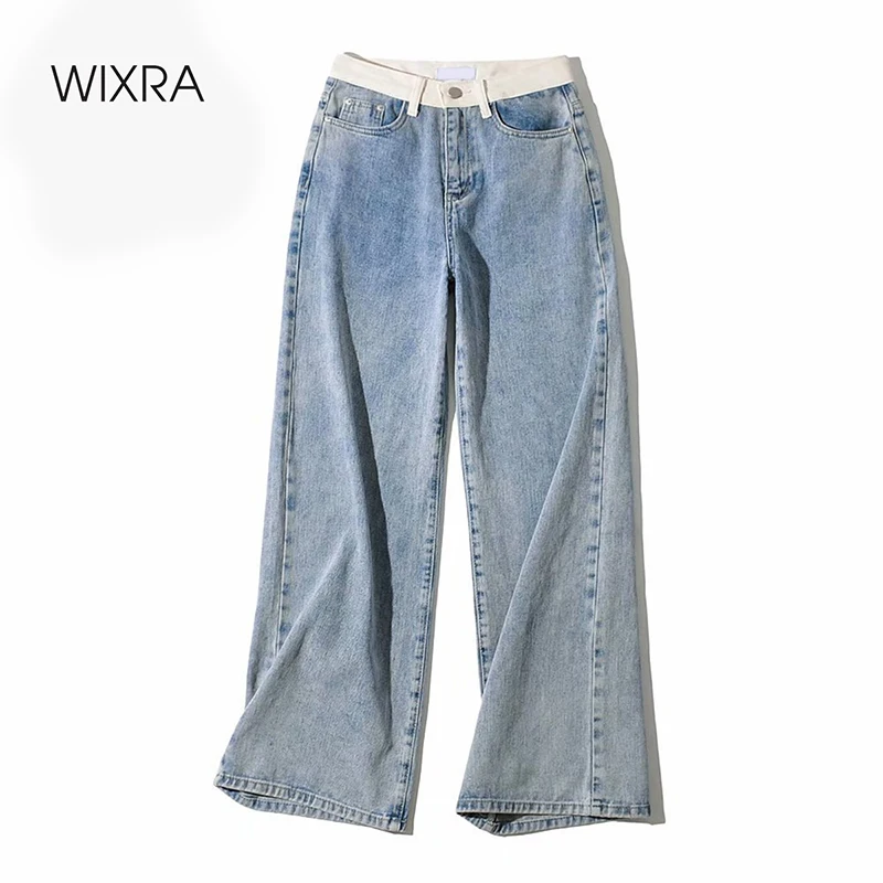 

Wixra/женские джинсовые брюки; Дизайнерские Лоскутные прямые джинсы с широкими штанинами; Женские уличные джинсы на молнии с пуговицами; Сезо...