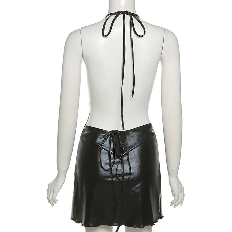 

BOOFEENAA Black PU Leather Sexy Black Mini Dresses for Women Club Outifts Unique Backless Halter V Neck Sundress C83-BA13