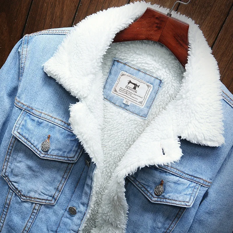 New Men Large Size Wool Liner Thicker Winter Denim Jackets Size Men Light Blue Winter Jean Jackets Outerwear Warm Denim Coats