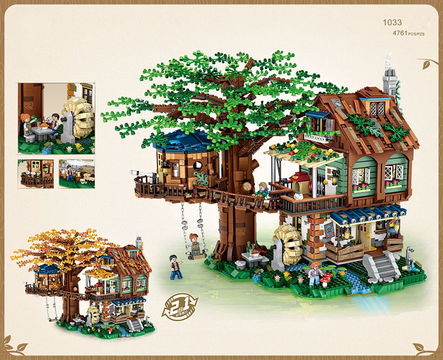 

City street view mini block Forest treehouse assembly building bricks figures spring autumn leaf streetscape toy for gift