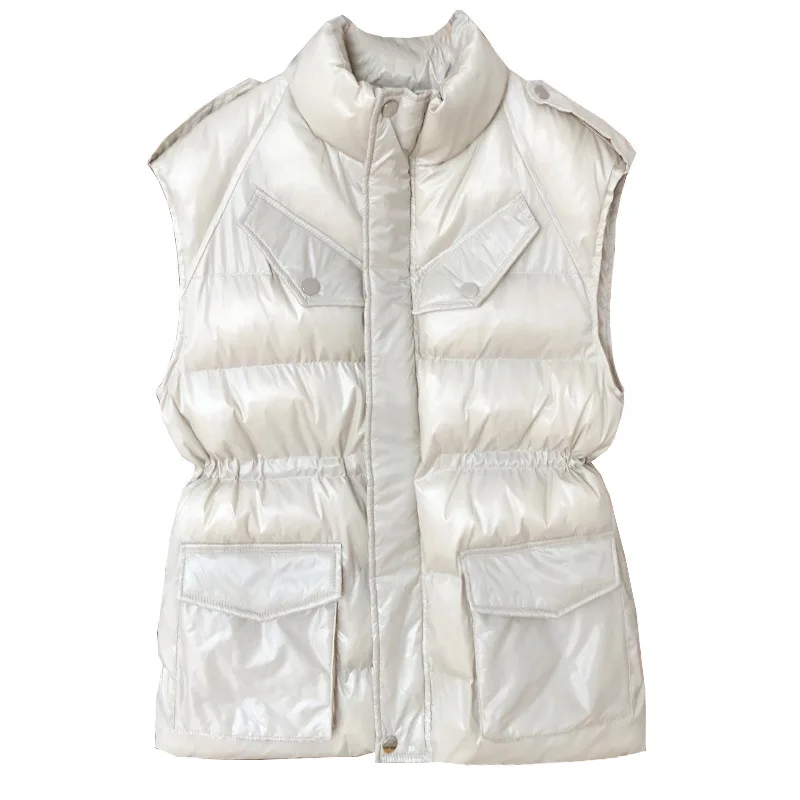 

New Ultra Light Women Down Winter Lightweight Warm Waistcoat Ladies Shiny Cotton Vest White Coat Sleeveless