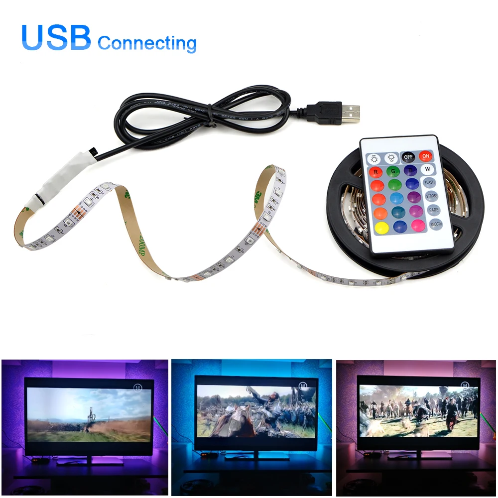 USB Светодиодная лента светильник 0,5 м-5 м многоцветная гибкая лента набор с 5 в USB кабель+ 24Key ИК контроллер для ТВ/ПК фоновый светильник ing