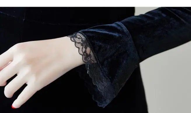 

2020 Spring Fall Fashion Womens Lace Patchwork Black Velvet Mermaid Dress , Ruffles Full Sleeve Slim Velour Dresses for Woman