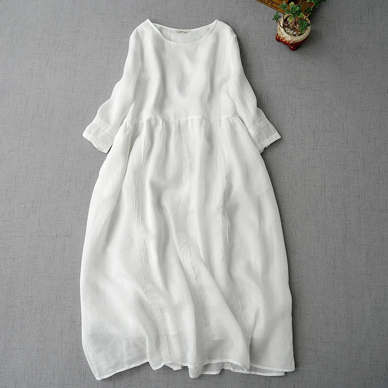 

Summer Women Loose Japan Style Lace Patchwork Comfortable Water Washed Thin Lightweight Ramie Pullover Dresses W/h Side Pockets