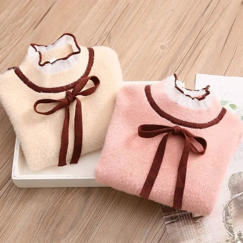 

teeny girl winter clothes 2021 Children Turtleneck Bow cute sweater kids Fashion Flare Sleeve Pullover knitted sweater 4-16 year