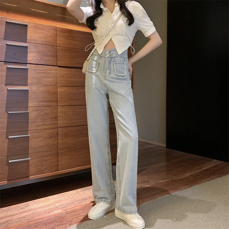 

YTX889 2021 new retro Hong Kong-flavored design pearl high-waisted thin light-colored wide-leg jeans