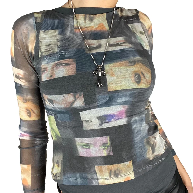 

Hot Sale Women Sheer Mesh Tops, Stylish Long Sleeve Portrait Print Crew Neck Slim Fit T-Shirts, S/M/L/XL