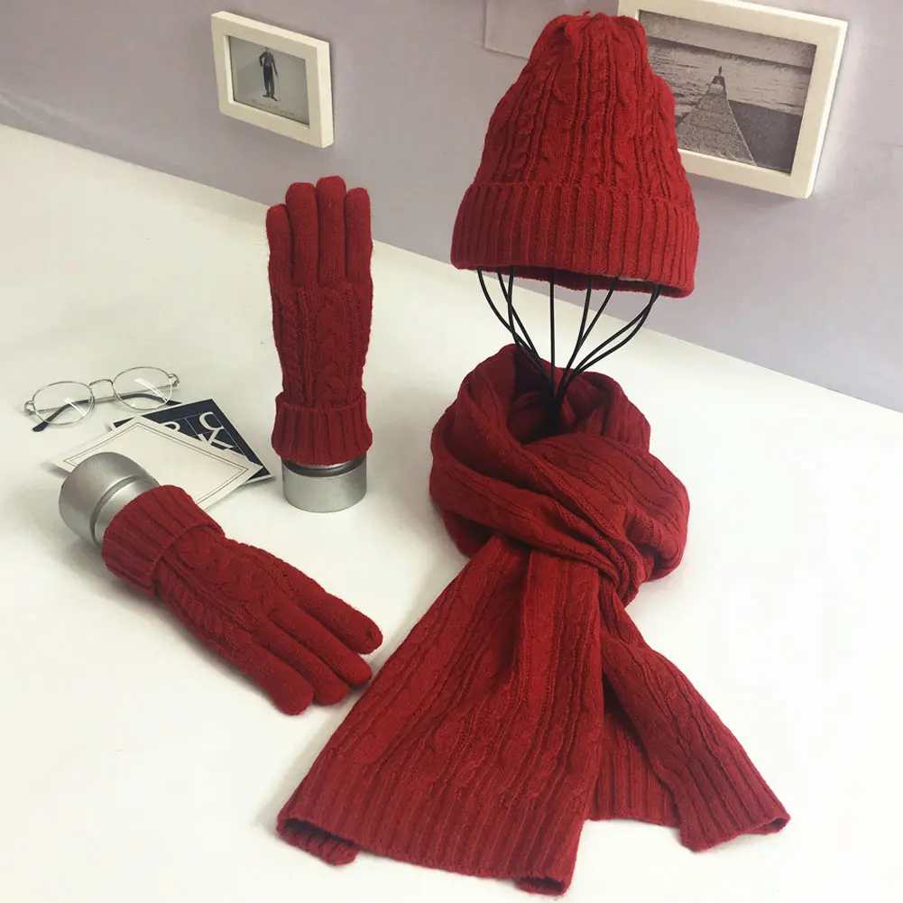

2022 Winter Women Wooly Thick Knit Hat Scarf Gloves Set Warm Soft knitted Woollen Set DSA1