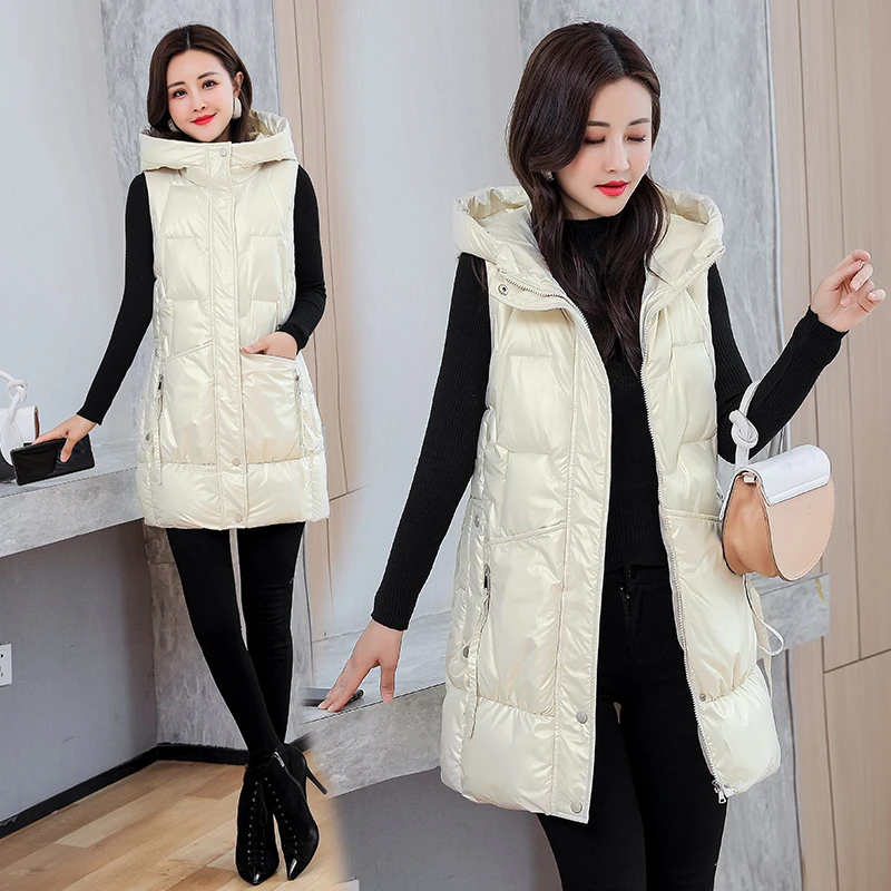 

NEEW Women Autumn Winter Mid-long Waistcoat Vest 2021 2022 Casual Solid Sleeveless Hooded Thick Warm padded Vest Coat For Lady
