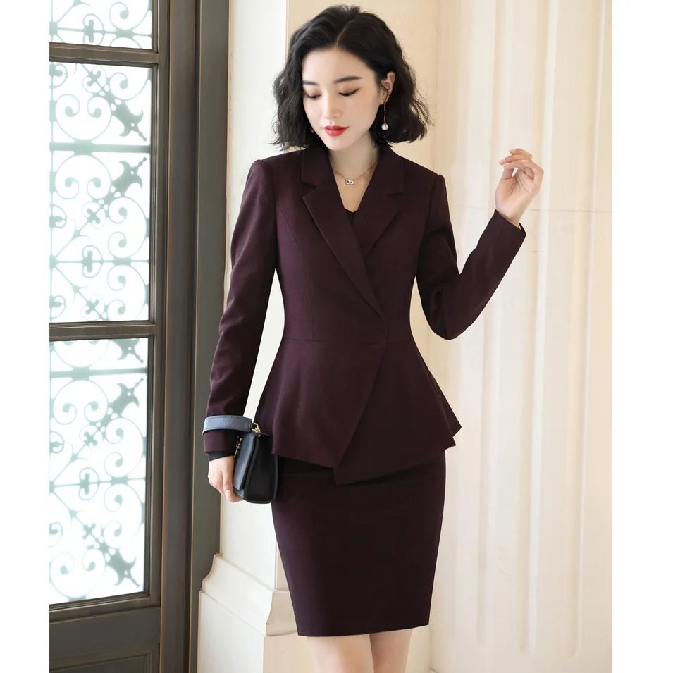 Модный женский винно-Красный Блейзер женские деловые костюмы с юбкой и курткой