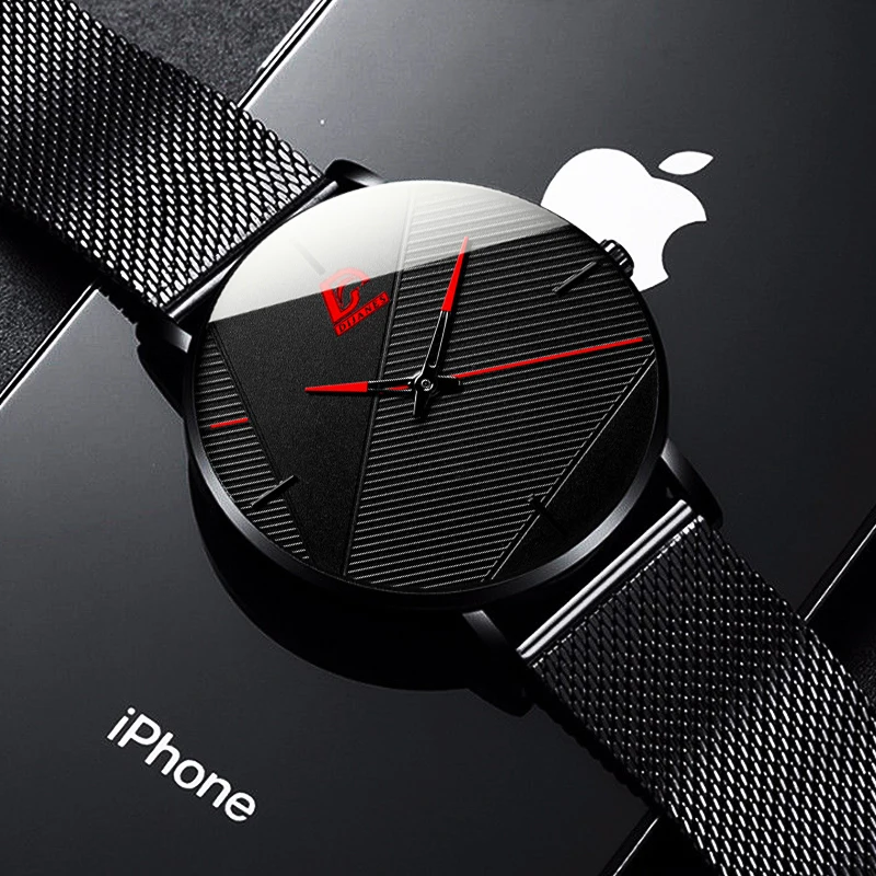 

reloj hombre 2021 Fashion Watches Men Classic Black Ultra Thin Stainless Steel Mesh Belt Quartz Wrist Watch relogio masculino