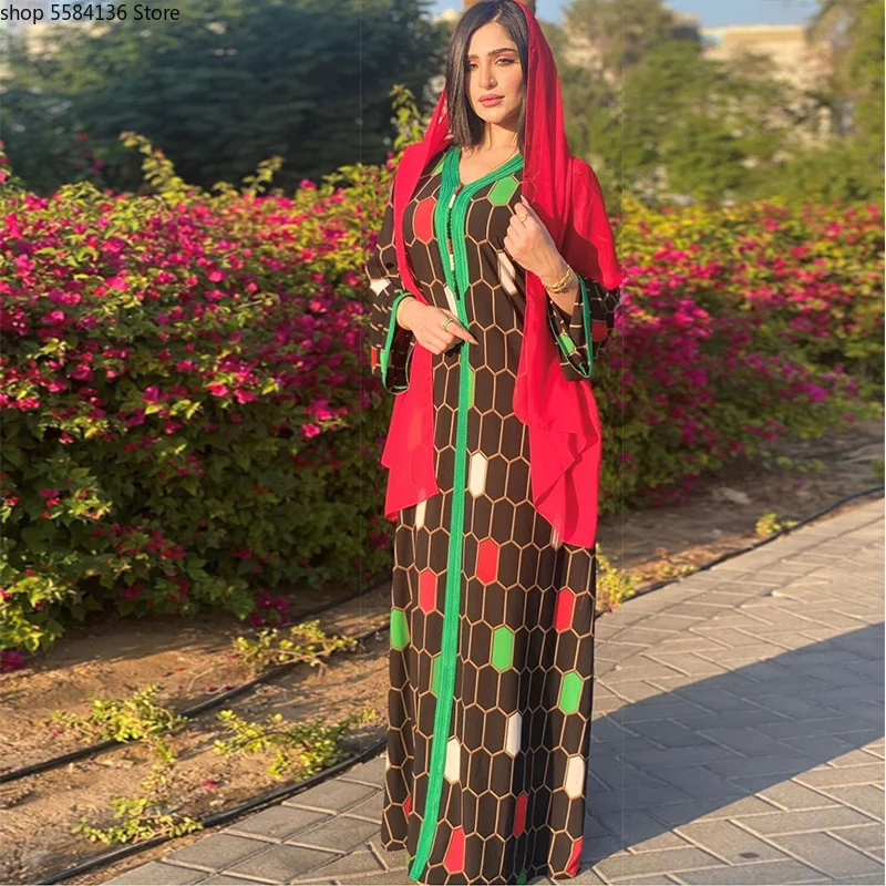 

Длинное этническое платье Дубай Jalabiya, женское модное мусульманское платье с оплеткой и V-образным вырезом, одежда для ислама, Ближнего Восто...