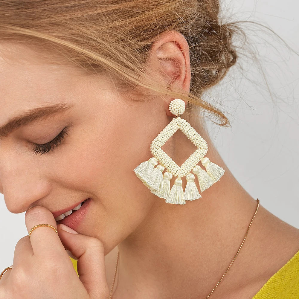 Miwens, новинка, Bauble Bar, синие Квадратные бусины, свисающие, модные женские серьги, кисточка, овальная рафия, массивные серьги-подвески ювелирные изделия