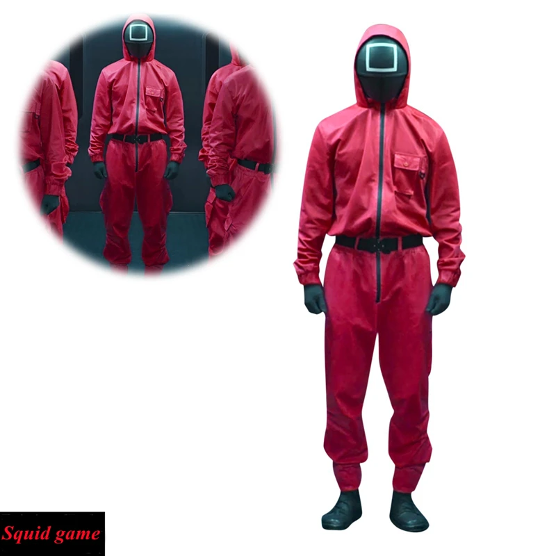 

ТВ кальмар игра злодей красный комбинезон Хэллоуин Косплей костюмы на молнии Пояс свободный мужской женский мужской комбинезон круглый ше...