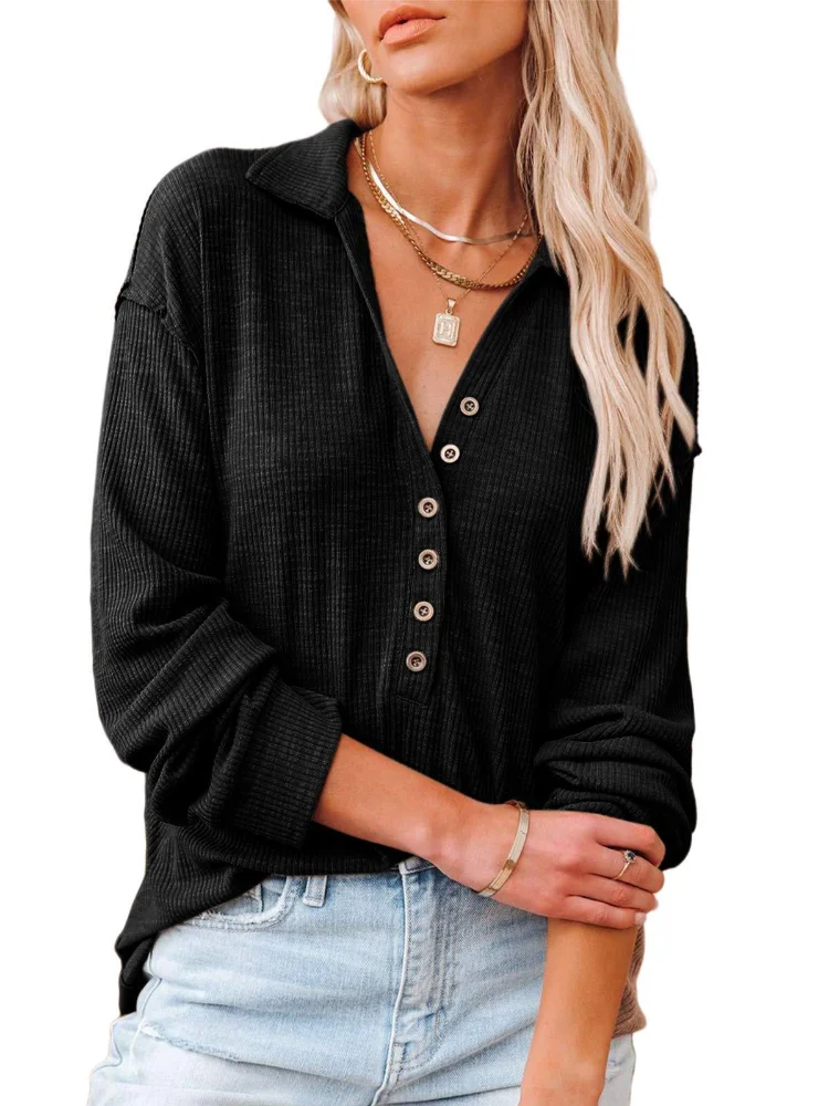 

Женская трикотажная футболка на пуговицах, однотонная Трикотажная футболка с длинным рукавом и отложным воротником, Осень-зима