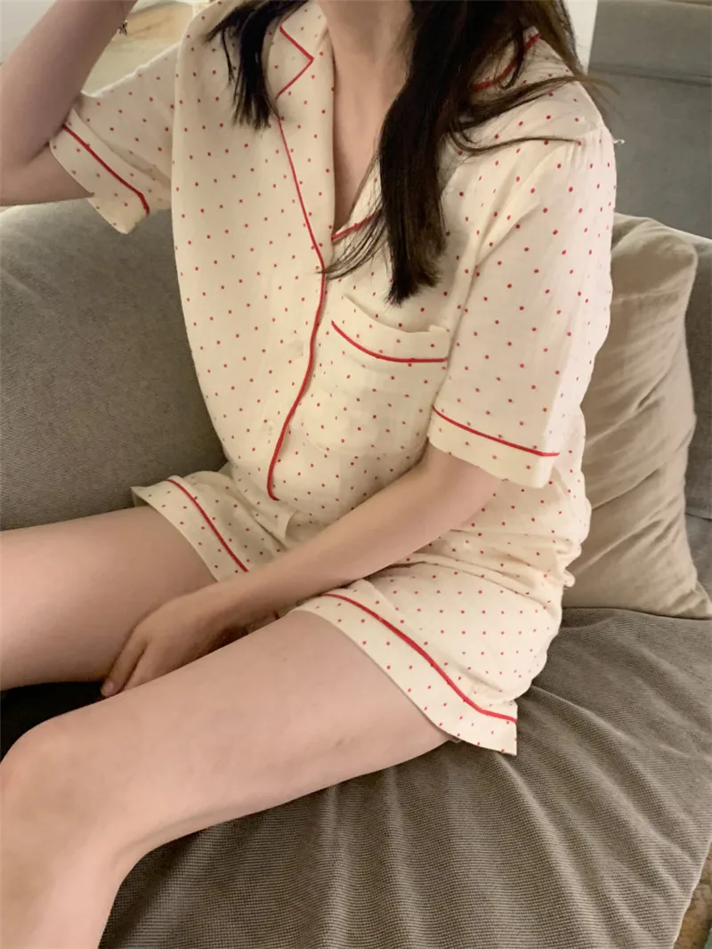 

Polka Dot Print Summer Pajamas Set Women Single Breasted Shirts + Shorts Set Two Piece Home Suit Cotton Kawaii Homewear Loose