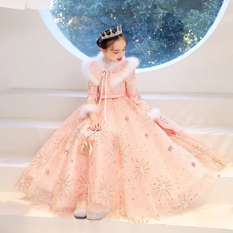 

Korean Sweet Children Girls Elegant Winter Autumn Birthday Wedding Party Princess Lace Dress Model Show Catwalk Piano Host Dress