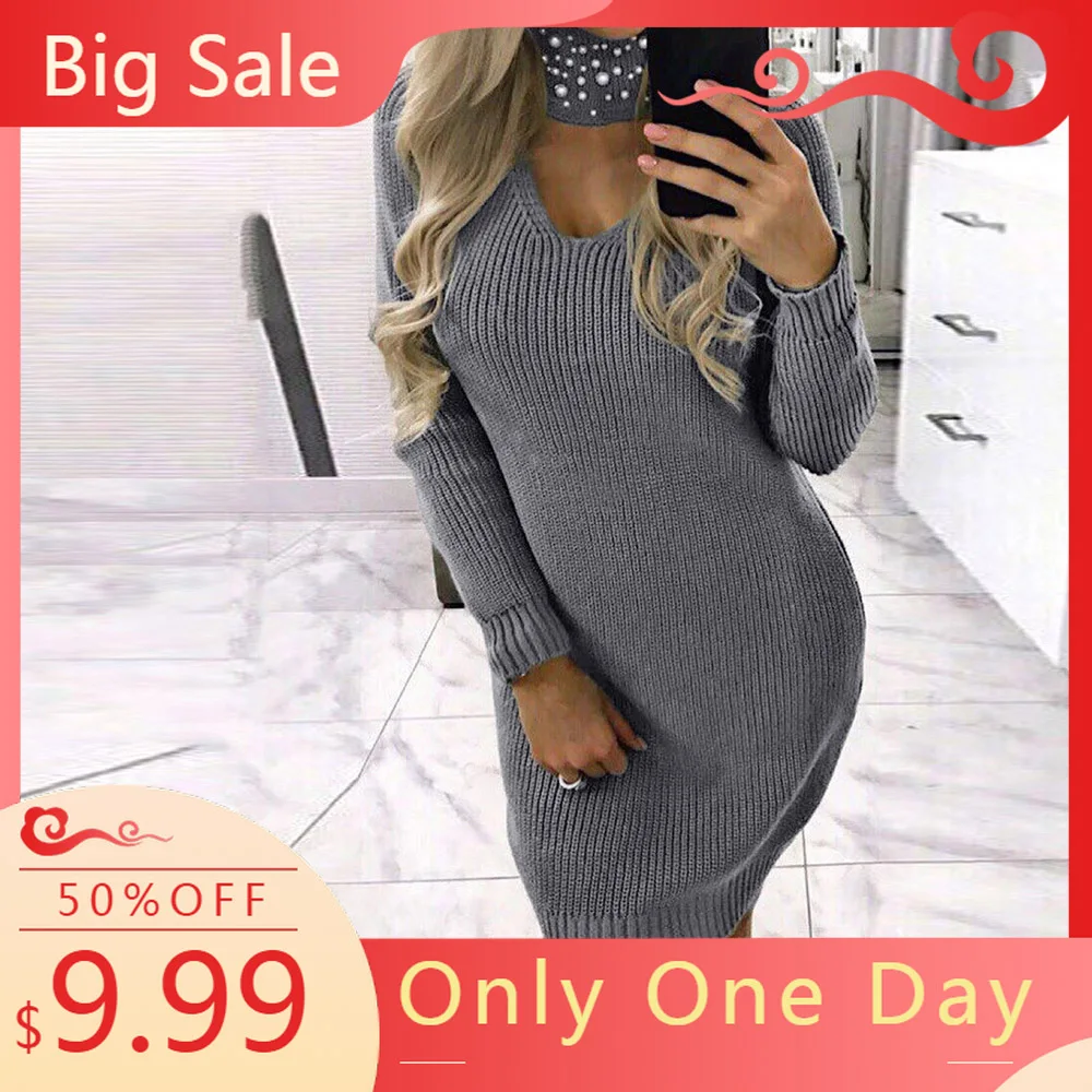 Womens Ladies Long Sleeve Chunky Knitted Dress Roll Neck Jumper Mini Women's Sweater V-neck Bib | Женская одежда