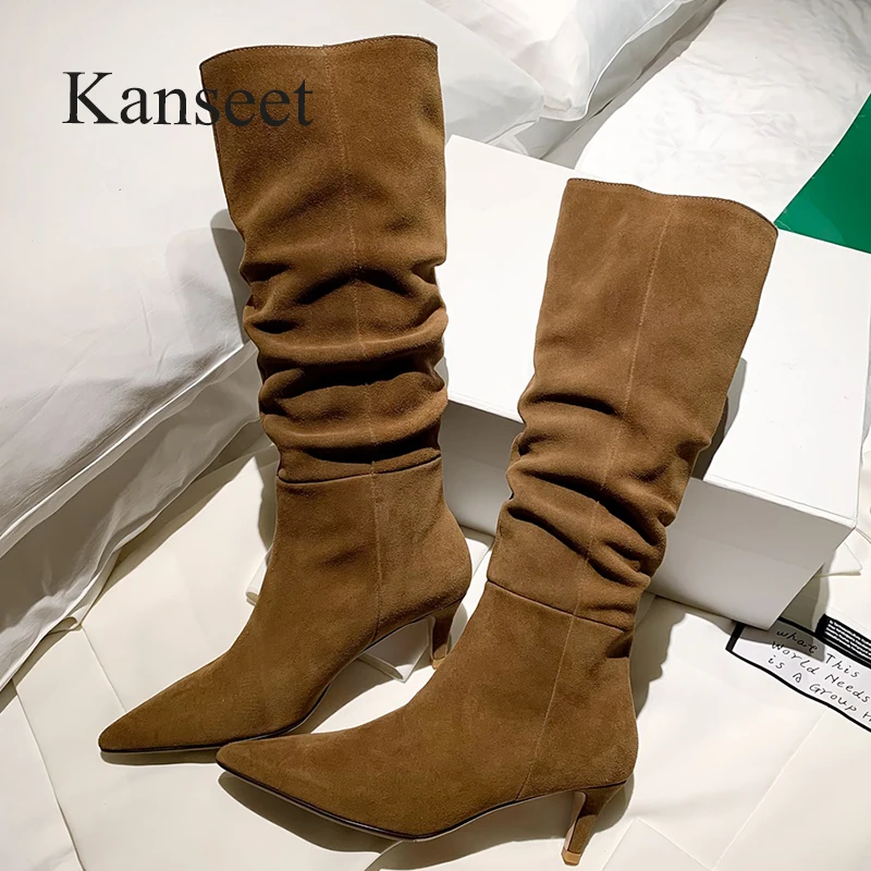 

Kanseet Women Genuine Leather Knee High Boots Pointed Toe Thin High Heels Slip-On Party 2021 New Autumn Winter Ladies Footwear
