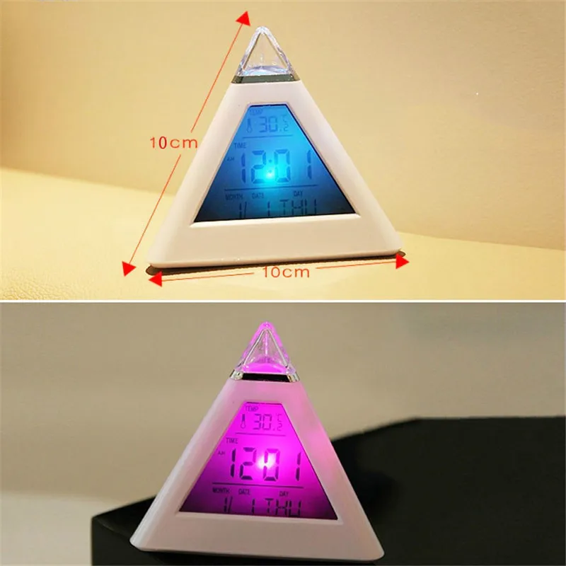 Pyramid Shape 7Color Change Colorful Alarm Clock Home Decor Time LED Digital LCD Creative Fashion Office Table | Дом и сад