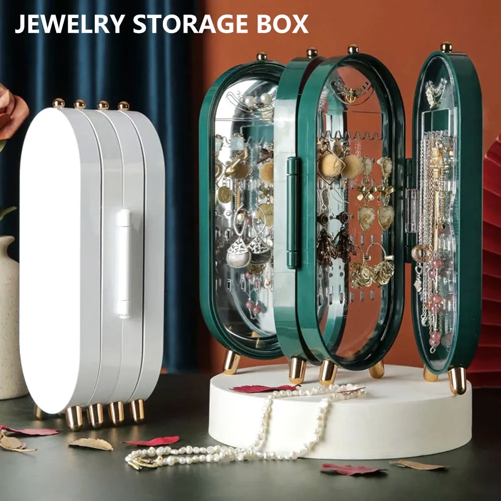 

Foldable Jewelry Storage Box Earring Necklace Display Stand Big Capacity Luxury Retro Screen Jewelry Box 4 Doors 240 Holes Large