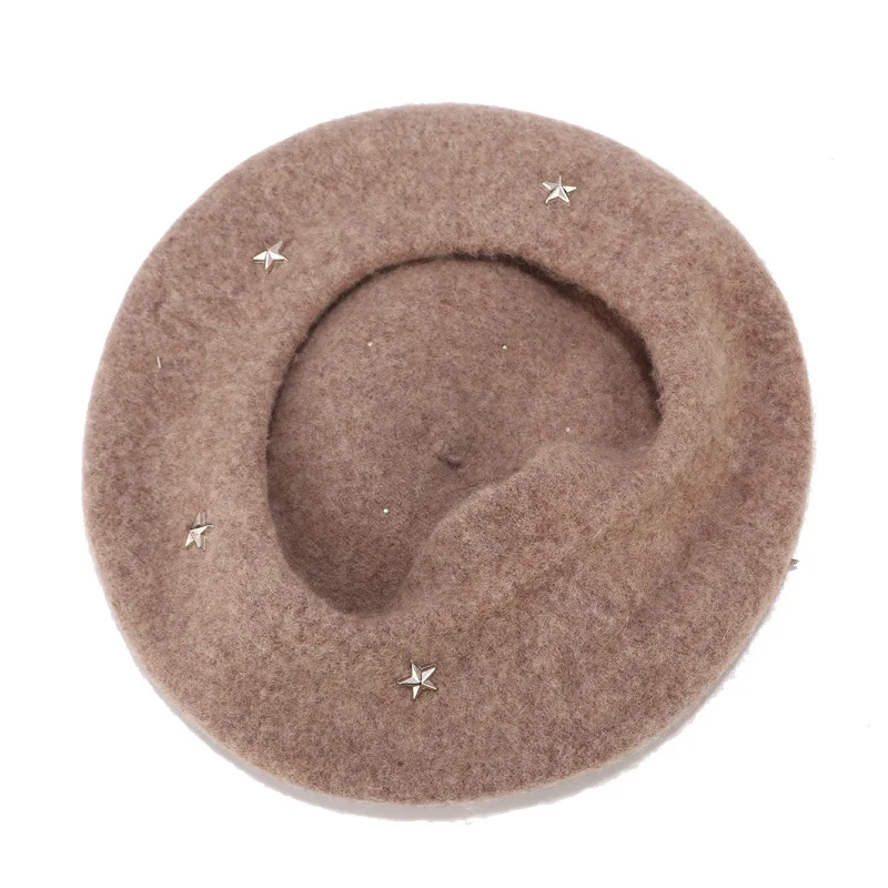 Женский шерстяной берет со звездочками и заклепками крутая зимняя шапка в