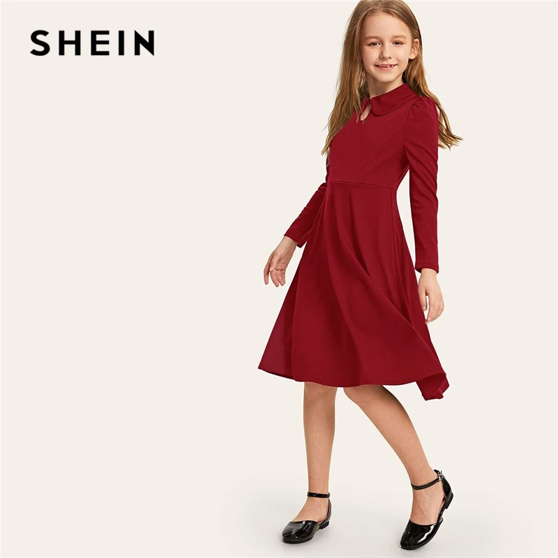 SHEIN Kiddie/красное однотонное расклешенное платье с оборками, трапециевидной формы, с поясом, летнее праздничное платье, рукав-волан, с пуговицами на спине, платья-миди для девочек