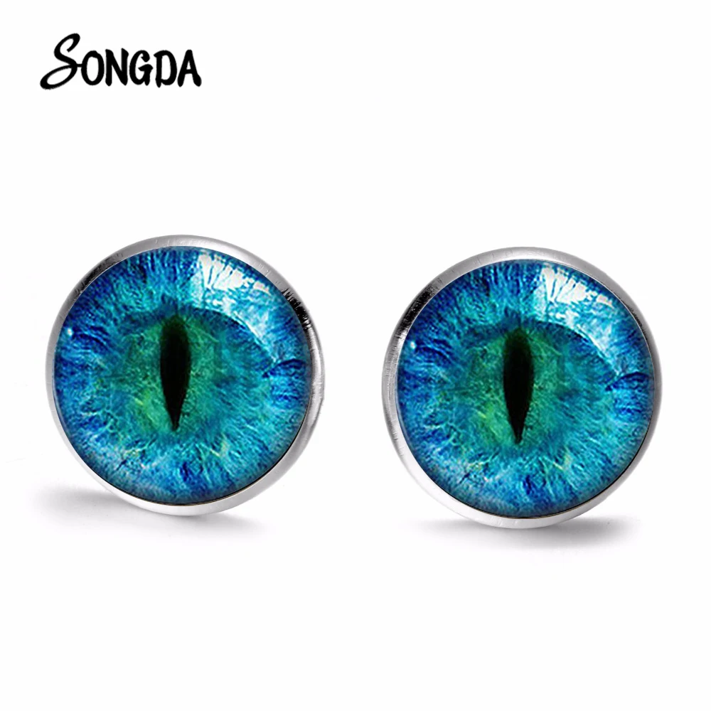 Gothic Dragon Cat Eyes Earrings Glass Cabochon Dome Ear Studs Men Women Accessories Bronze Silver Color Choose Handmade Jewelry