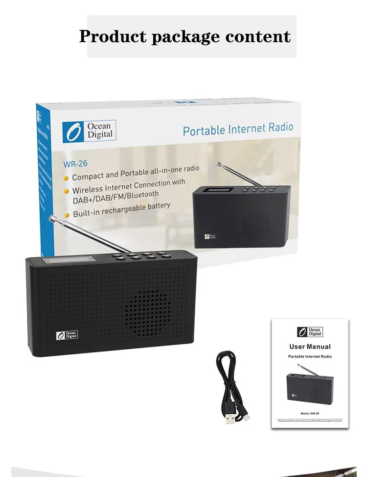 DAB+/WiFi/FM/UPnP/DLNA Ocean Digital WR-26 Multi-language Menu Portable Internet Radio Bluetooth 2000mAh Battery | Электроника