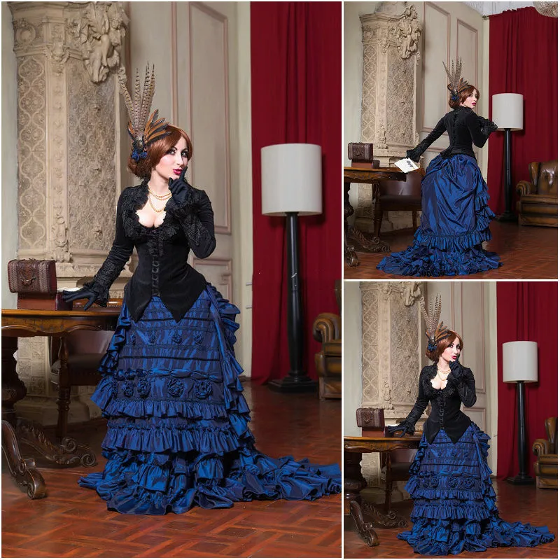 Vestidos de Noche negros de dos tonos, azul real, manga larga del siglo 19, guerra Civil victoriana, vestido de graduación de María Antonieta del Sur