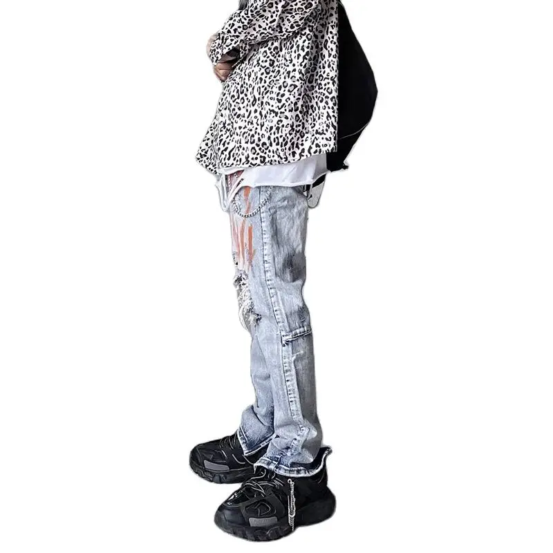 

2021 European and American High Street Fashion Street Ripped Jeans Men's Casual Fashion Hip-hop Graffiti Slim Fit Trousers