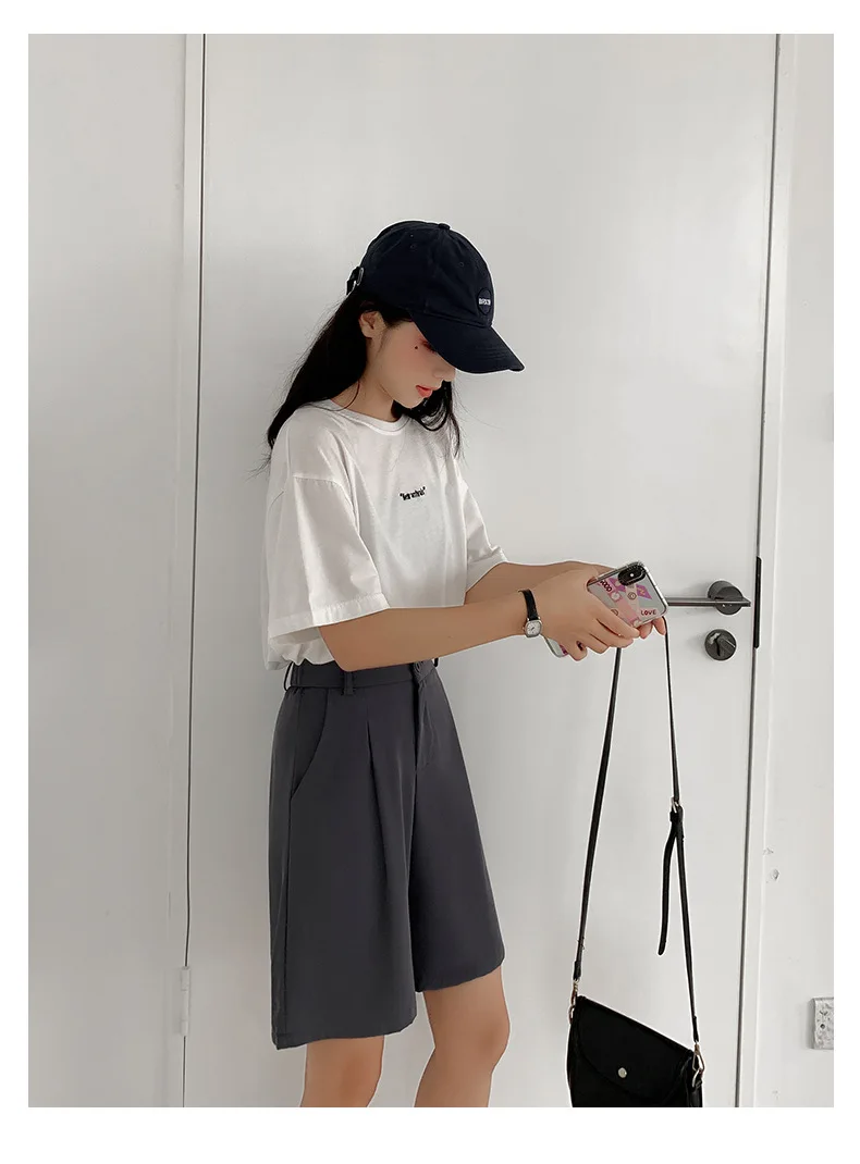 

Suit Shorts Women 2021 Summer Fashion High Waist Women Shorts Casual Half- Length Sashes Belted Women Loose Shorts Pockets