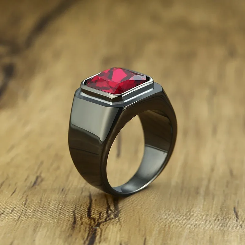 Мужское кольцо из черной нержавеющей стали с красным кубическим цирконием 16 мм