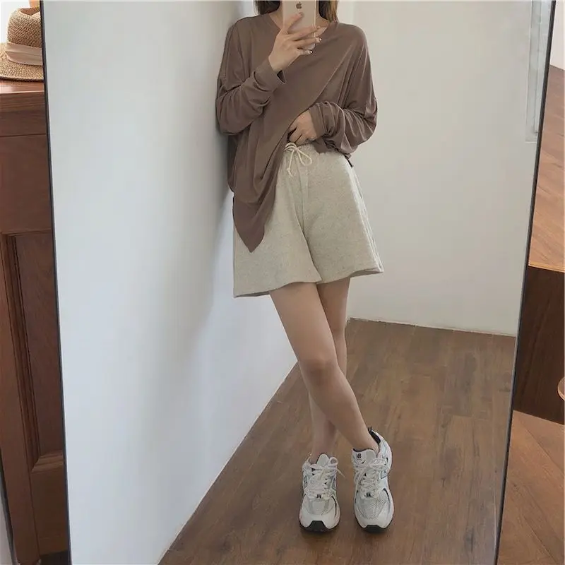 

Autumn Women Running Shorts Loose High Waist Female Sports Hot Pants Section Running Wide-leg Casual Waffle Breathable Lacing