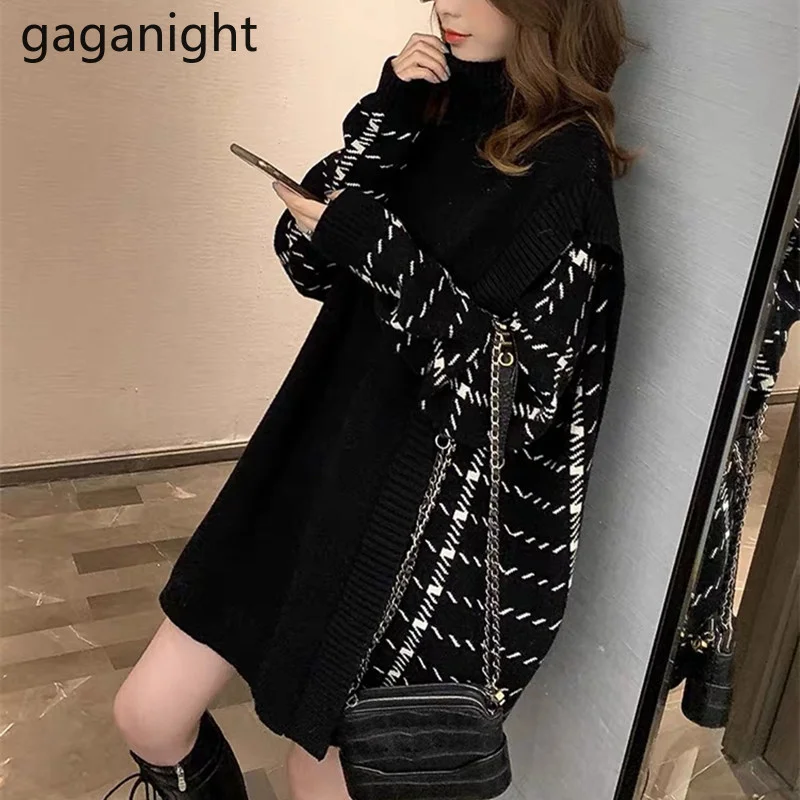 

Gaganight, женский свитер-водолазка из двух частей, Осень-зима 2021, новый корейский Шикарный утепленный свободный трикотажный топ средней длины в...