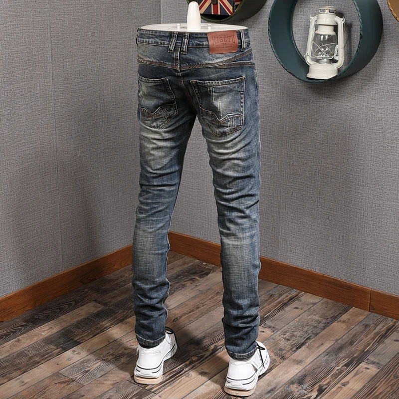 European American Vintage Fashion Men Jeans Retro Blue Elastic Cotton Slim Fit Ripped Jeans Men Distressed Designer Denim Pants