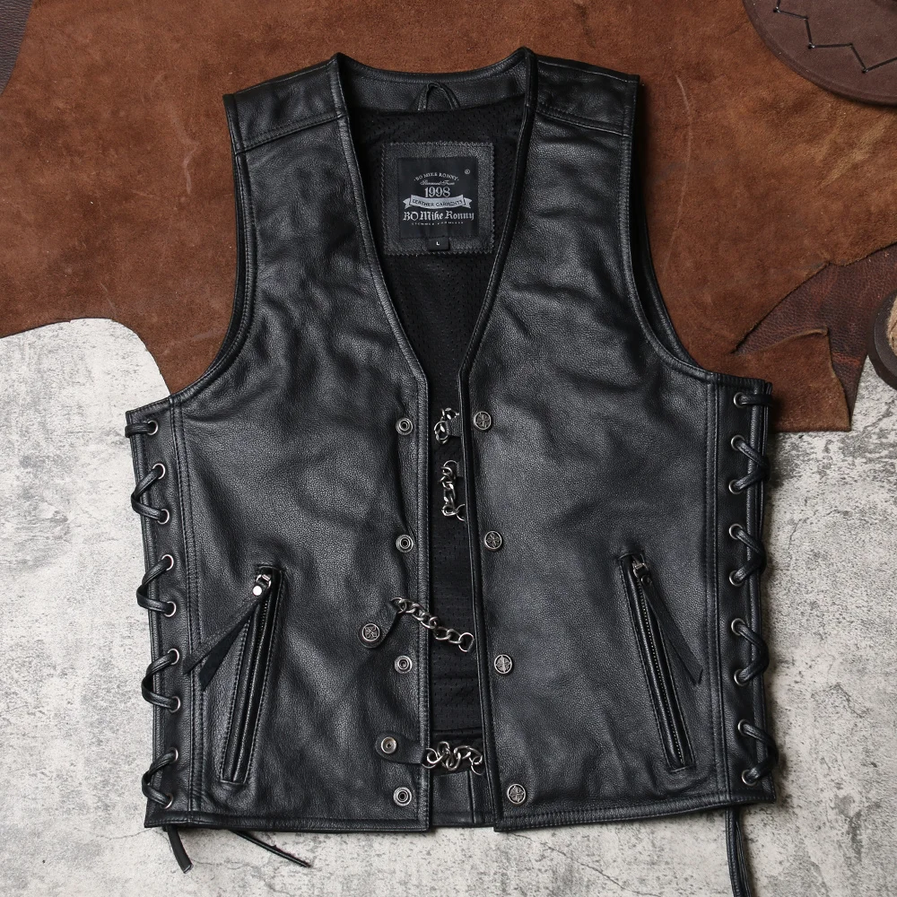 

2021 Black Biker's Style Leather Vest Men Single Breasted Large Size 4XL Genuine Cowhide Spring Slim Fit Short Motorcycle Coat