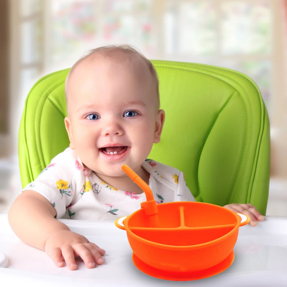

Baby Feeding Dishes Non-Slip Anti-Fall Three-Grid Silicone Plate Dish with Straw Sucker Kids Dish Bowl Children Tableware