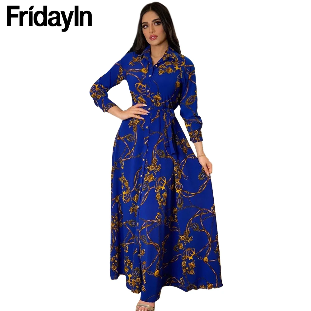 

Fridayin Ramadan Women Autumn Dress Ankle Length Rod Turn-down Collar Long Sleeve Fashion Casual Dress