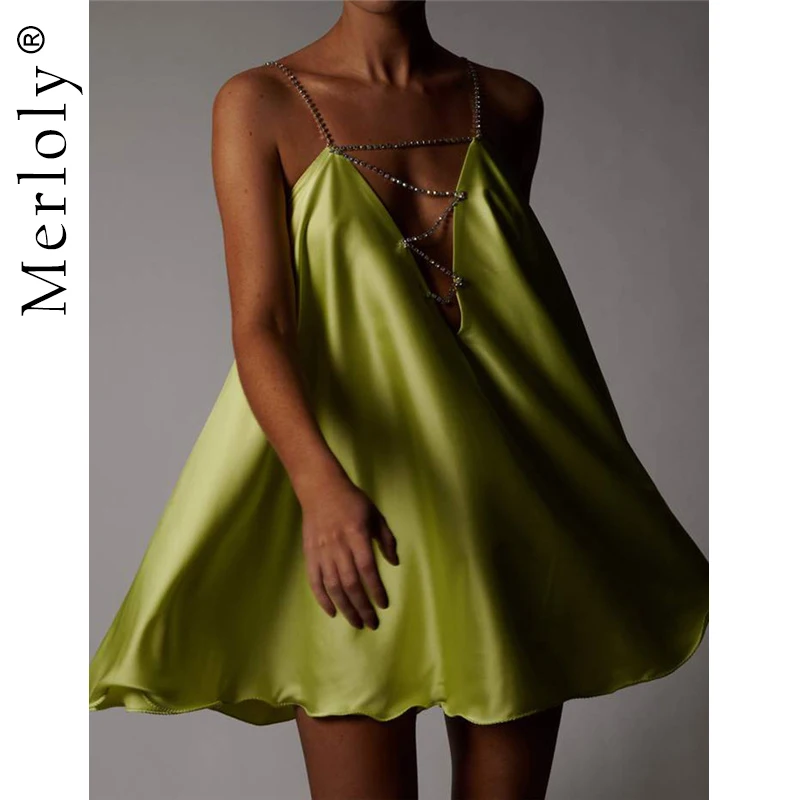 

Rhinestone Chain Spaghetti Strap Satin Dress for Women 2021 Sexy V-Neck Backless A-line Mini Flared Dress Party Festival Clothes