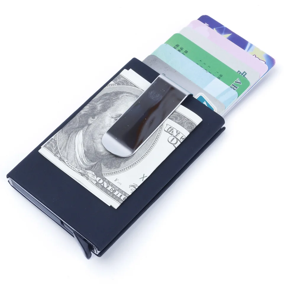 

Popular RFID anti-magnetic anti-theft brush credit card bag automatic shell card aluminum box wallet PU metal wallet