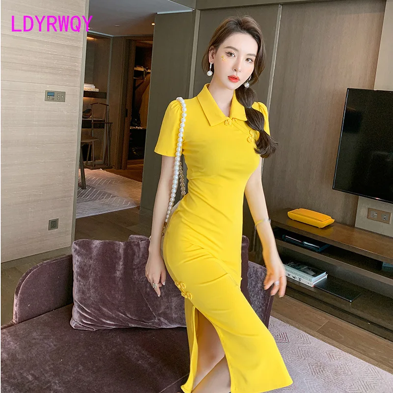 

LDYRWQY 2021 Summer New Improved Girly Temperament Cheongsam Slim Slit Dress Office Lady Sheath