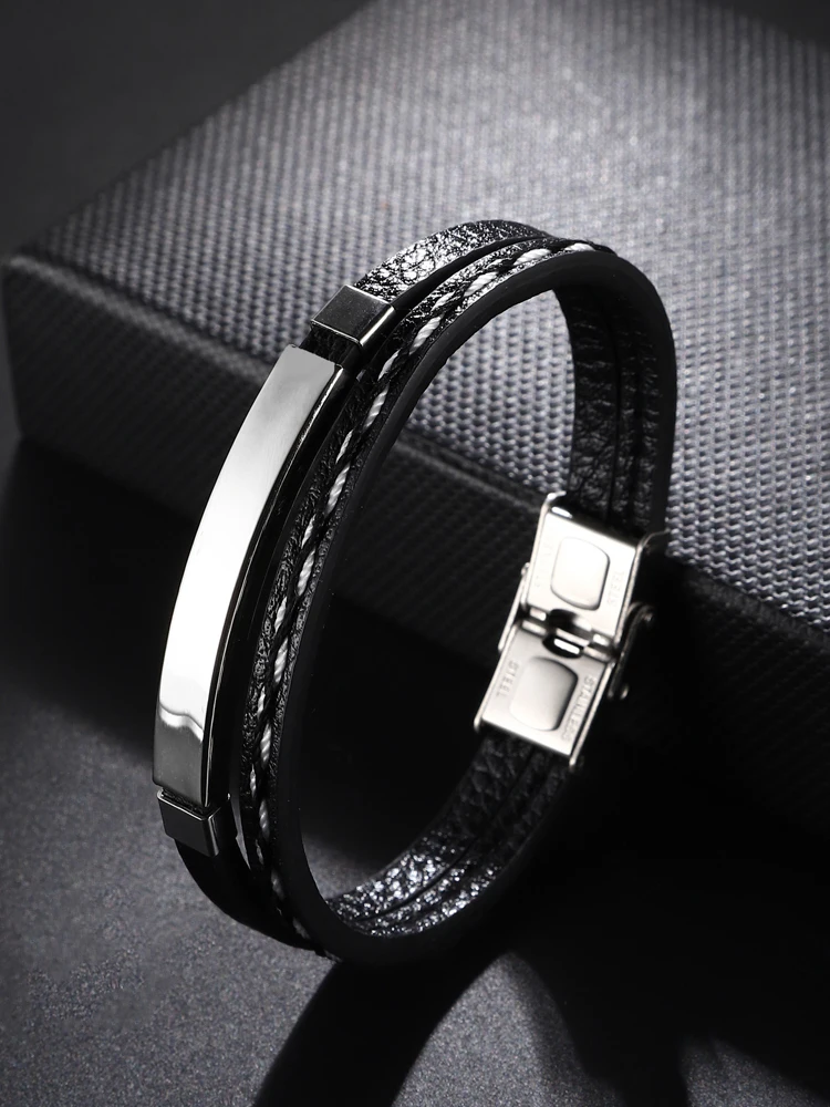 

Engraved Name Genuine Leather Bracelet Double Layer Design Black Golden Stainless Steel for Men Punk Jewelry Gift Free Shipping