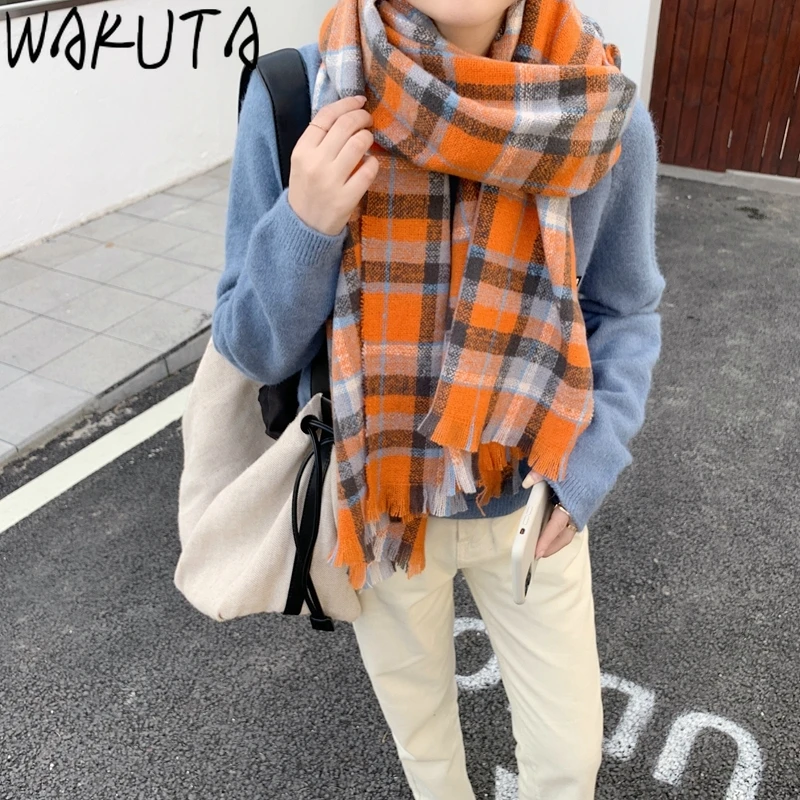 Винтажные клетчатые Длинные Теплые шарфы WAKUTA с цветными блоками женские