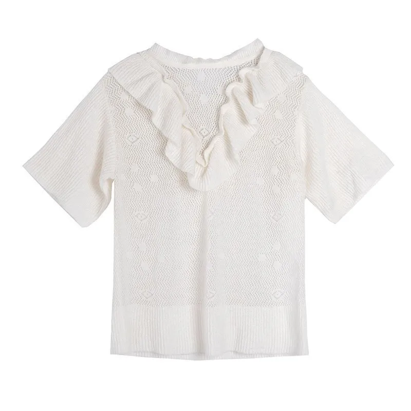 

GALCAUR Ruffles Hollow Out Women T-shirt Stand Neck Perspective Short Sleeve White Casual Female T Shirts Summer 2020 Fashion