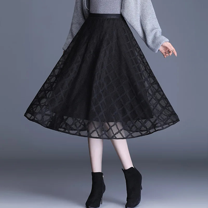 

Women Fashion Elastic High Waist Square Grid Mesh Black Skirt Autumn Winter Office Lady Elegant Chic Loose Mid-long Skirts 2171