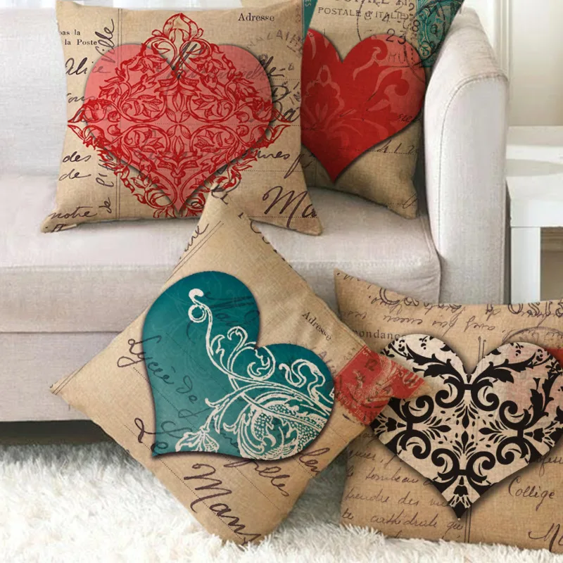 Льняная наволочка в виде сердца для дивана на День святого Валентина льняная