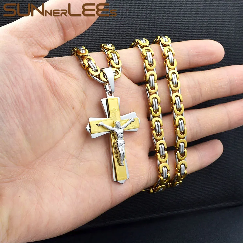 Цепочка с кулоном в виде креста Иисусом Христа из нержавеющей стали|Ожерелья