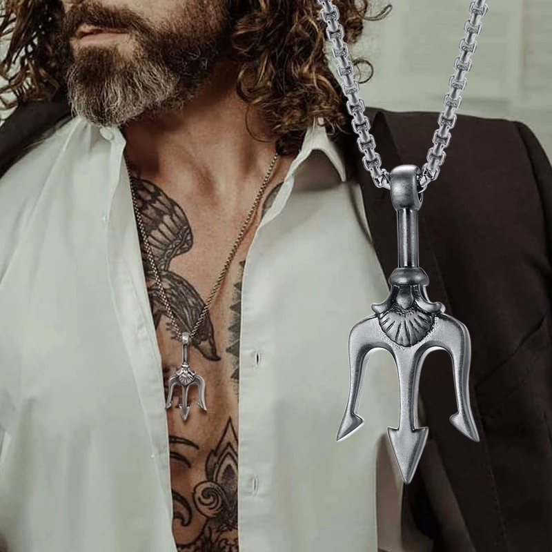 

SEA KING POSEIDON'S TRIDENT PENDANT STAINLESS STEEL THREE-PRONGED SPEAR NECKLACE FOR MEN JEWELRY
